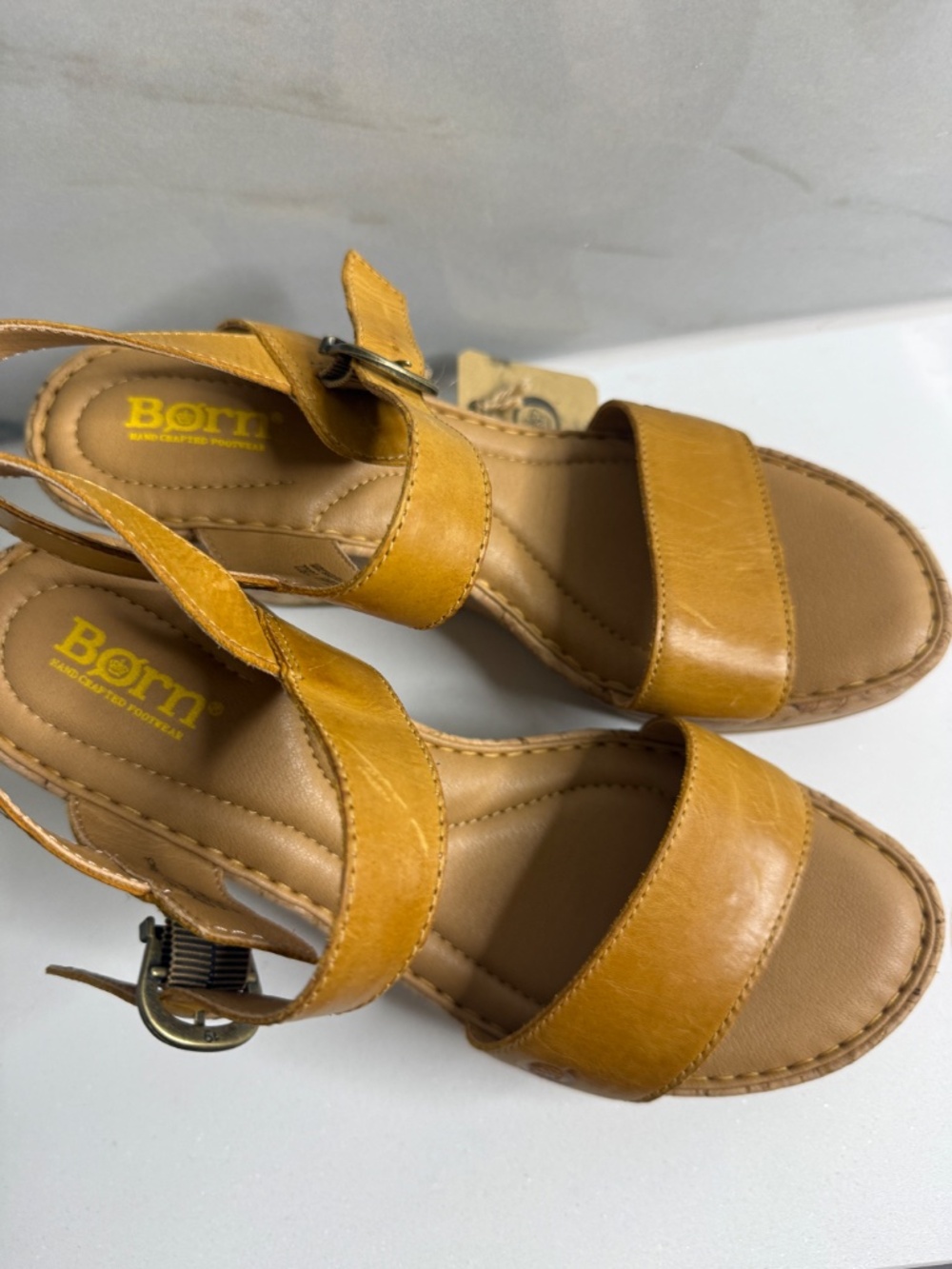 Børn Leather Cork Wedge Sandals Tan Ankle Strap Comfort Heels NWT Size 9 - Picture 2 of 16